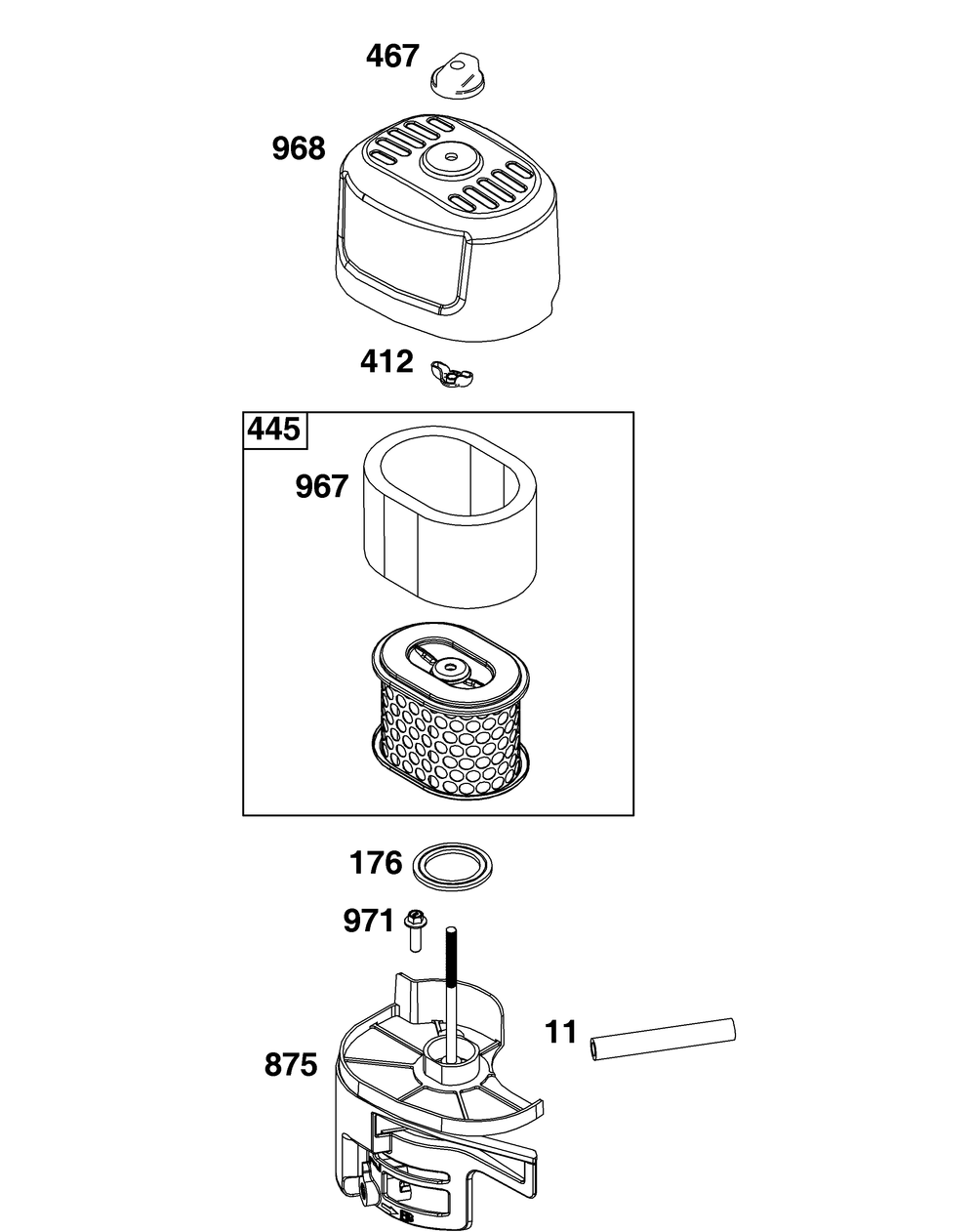 Air Cleaner Group Diagram and Parts List for 130G62-0153-H5 100000 - 19Z999 Briggs and Stratton Engine